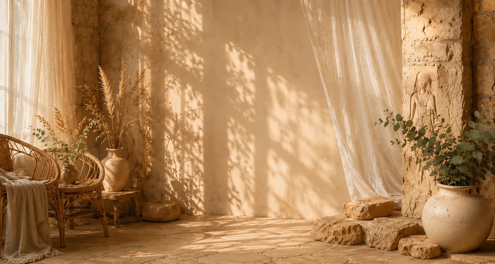 Intérieur boudoir chaleureux : fauteuil en rotin, pampa séchée et lin drapé baignés d'une lumière dorée
